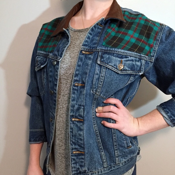 Altered Vintage Jean Jacket with Leather, Plaid - Picture 2 of 8